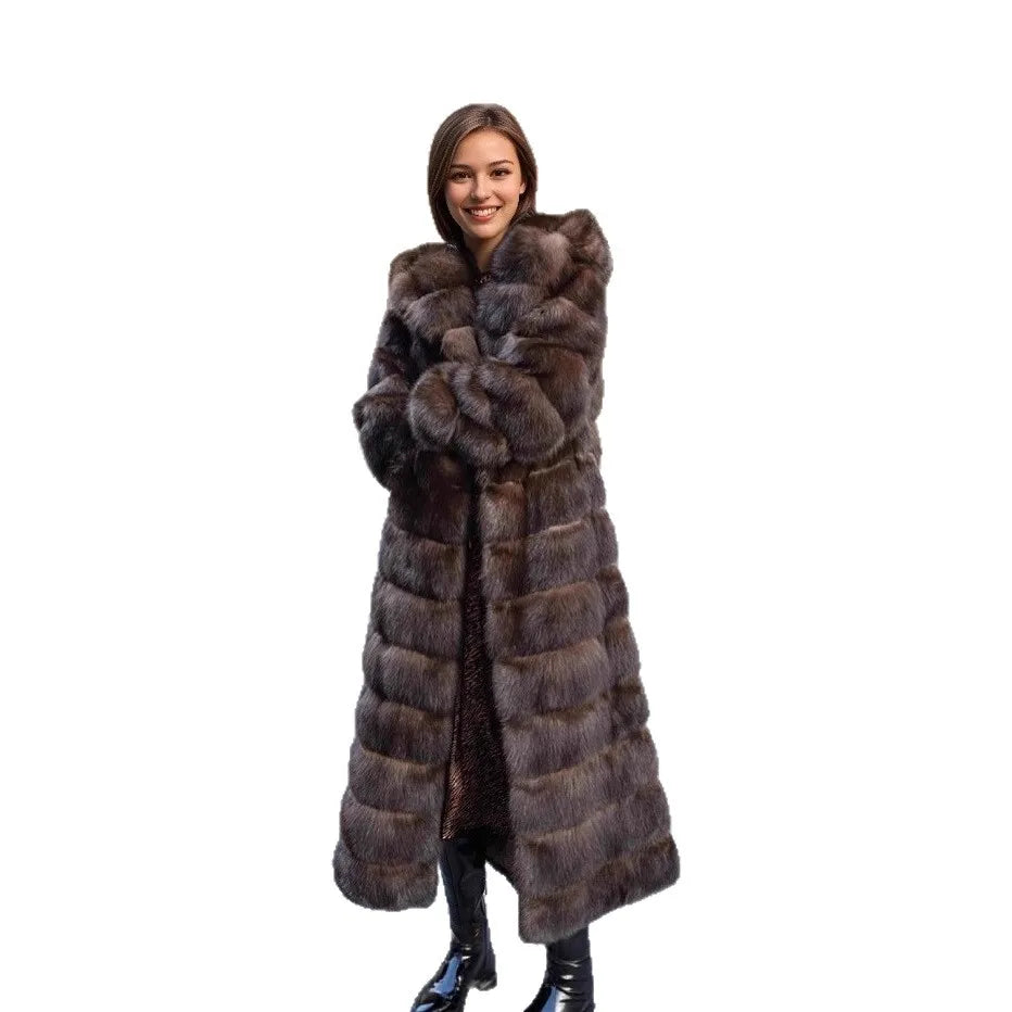 Vintage Brown Women's Winter Faux Fur Jacket Hooded Warm Thickened Fur Trim Outwear Chic Lady Eco-Friendly Coat