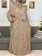 Women's Traditional Floral Ramadan Muslim Cotton Abayas Garment with attached Headscarf