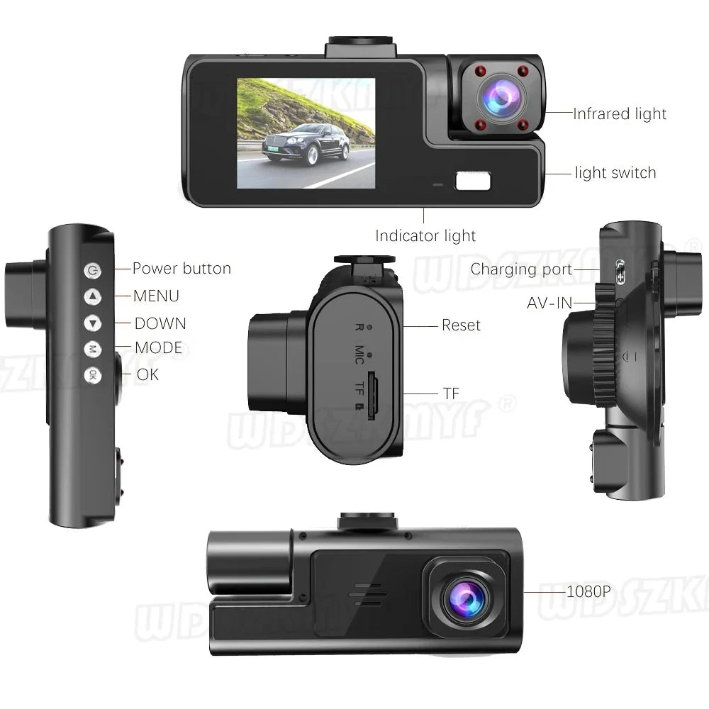 3 Lens Dash Cam 1080P Front, Rear & Interior Car Camera with WiFi & Night Vision