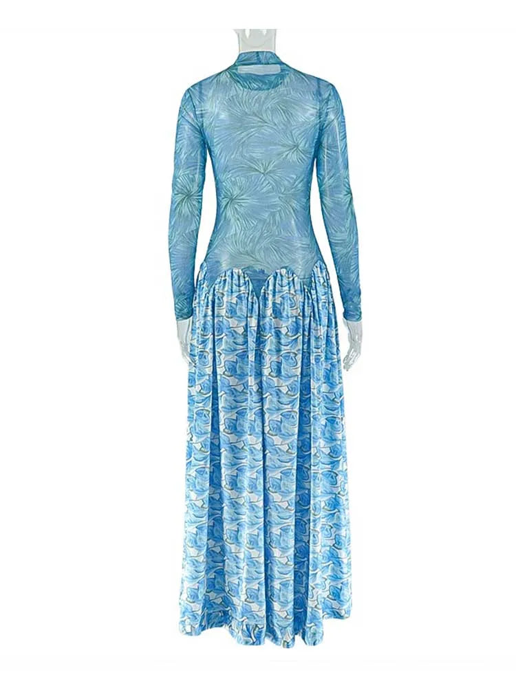 Women Autumn Light Blue Long Sleeve Dress Slim Waist Mid-turtleneck Chic Elegant Evening Wear