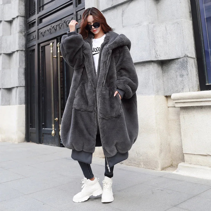 Winter Faux Fur Fashionable Hooded Cotton Long Plush Fleece Temperament Loose Jacket for Women