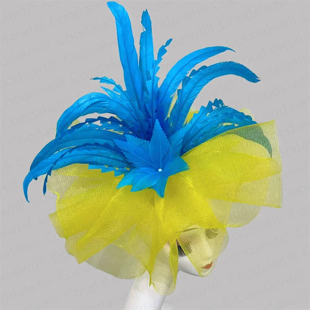 Kentucky Derby Big Fascinator Hat Women Wedding Elegant Feather Pillbox Cap