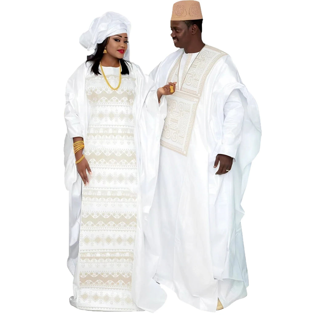 African Dresses For Couples Traditional  Bazin Embroidery Dresses Floor Length With Scarf