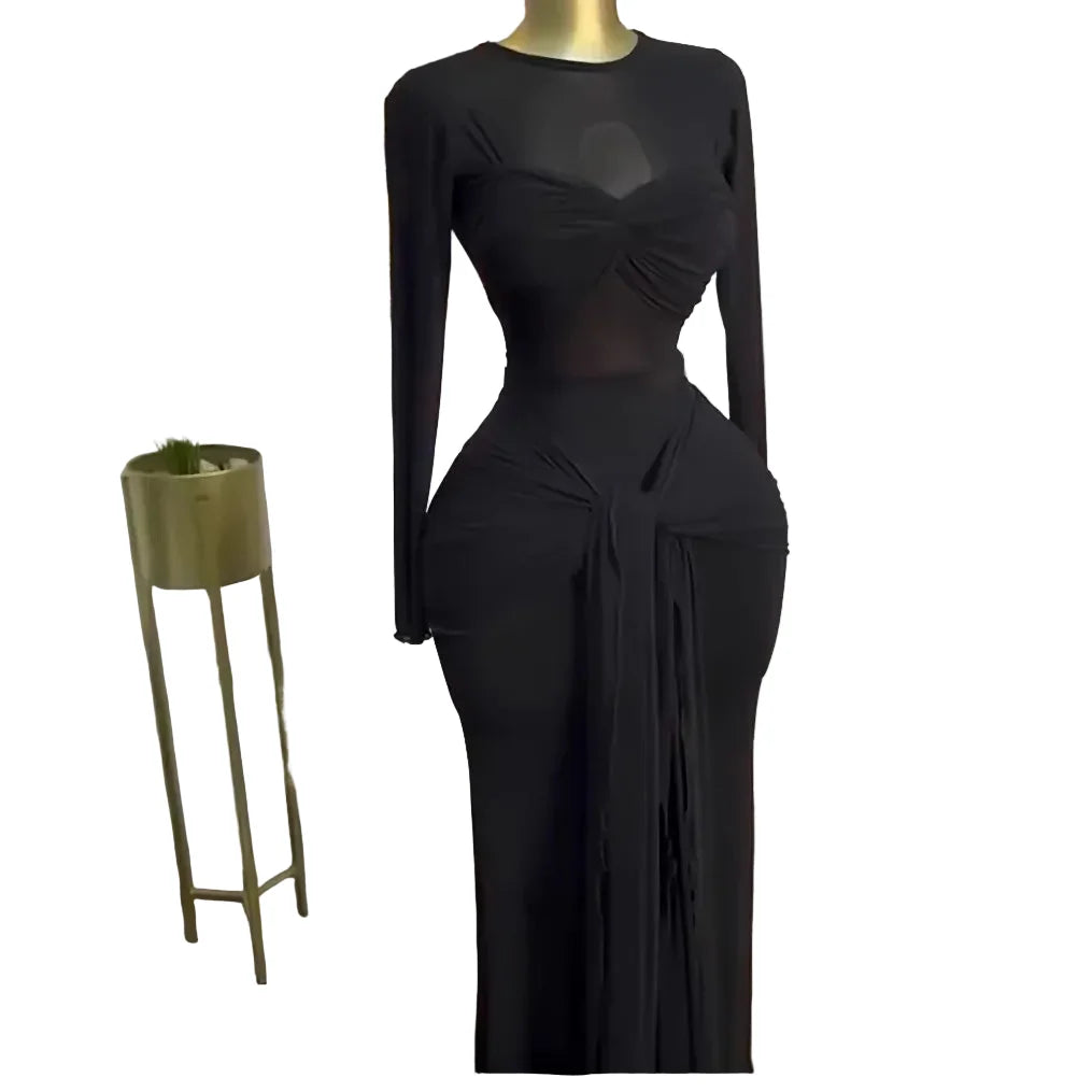 Mesh Maxi Dress with Bow-knot - Elegant Long Sleeve Sheer Dress for Women