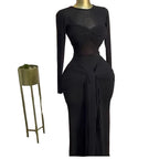 Mesh Maxi Dress with Bow-knot - Elegant Long Sleeve Sheer Dress for Women