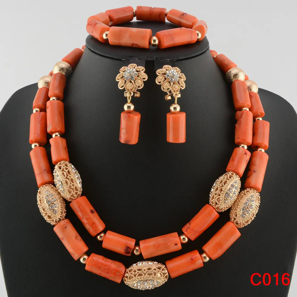 Latest Coral Jewelry Sets Nigerian Dubai Orange Necklace Sets of Beads African