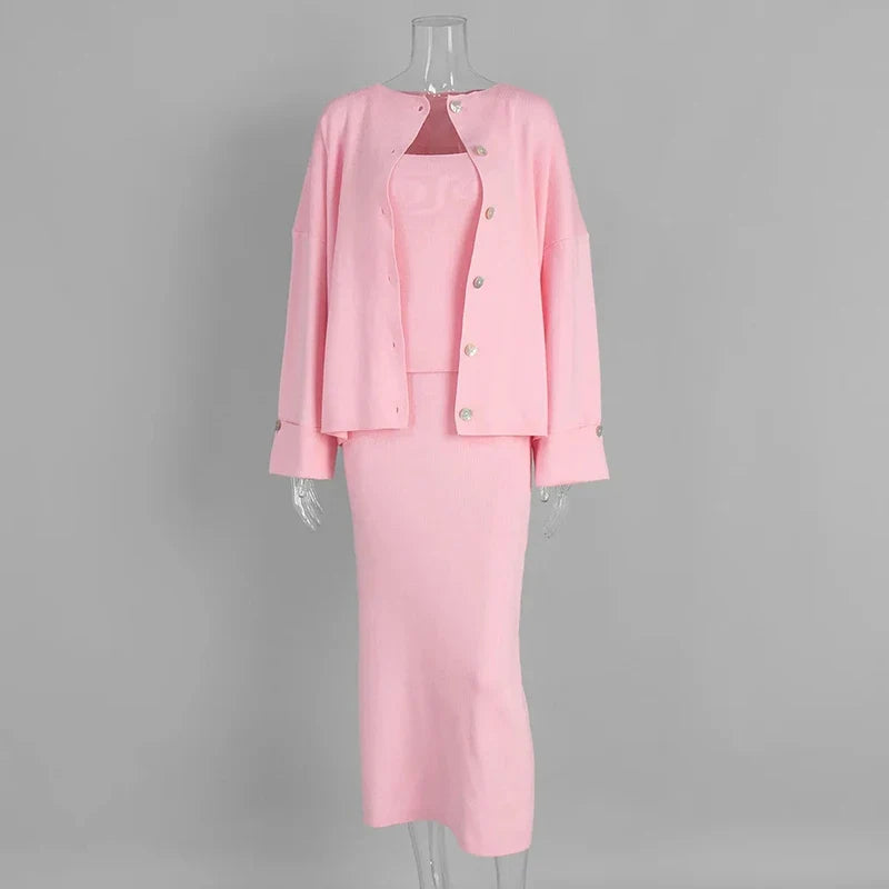Women's Fashion Three Piece Set Solid Knitted Vest Long Sleeve Single Breasted Coat Chic Maxi Skirt Outfit Winter Casual Dress