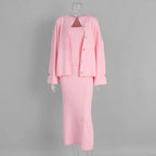 Women's Fashion Three Piece Set Solid Knitted Vest Long Sleeve Single Breasted Coat Chic Maxi Skirt Outfit Winter Casual Dress