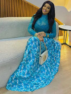 Women Autumn Light Blue Long Sleeve Dress Slim Waist Mid-turtleneck Chic Elegant Evening Wear