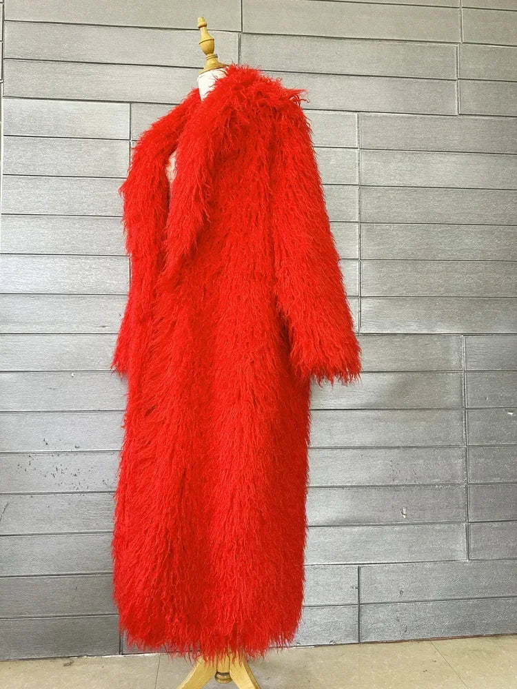 Faux Fur Jacket Women Long Coat Thick Fluffy Winter Warm Shaggy Overcoat Open Stitch Outerwear Turn Down Collar High Street