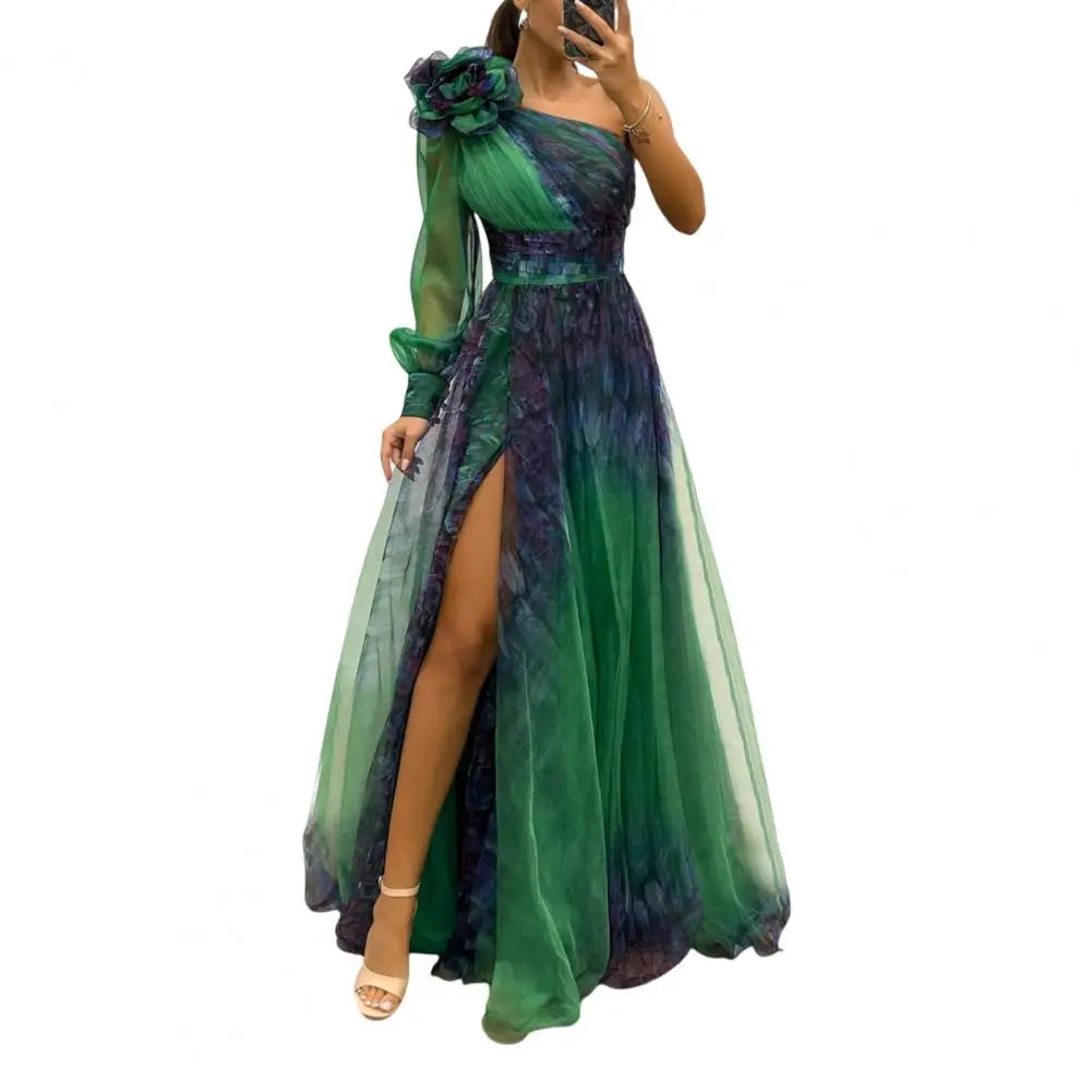 2024 Womens Evening Dress One Shoulder Pleated Pleated Mesh Single Long Sleeve