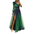 2024 Womens Evening Dress One Shoulder Pleated Pleated Mesh Single Long Sleeve