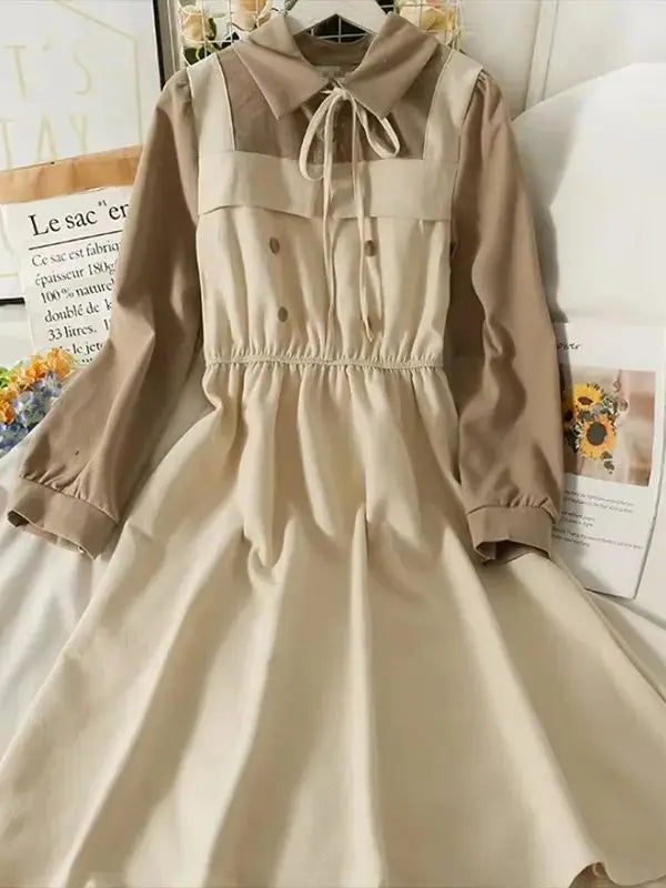 Vintage Patchwork Women's Dress High Waist A-Line Mid-Calf Spring Long-Sleeved