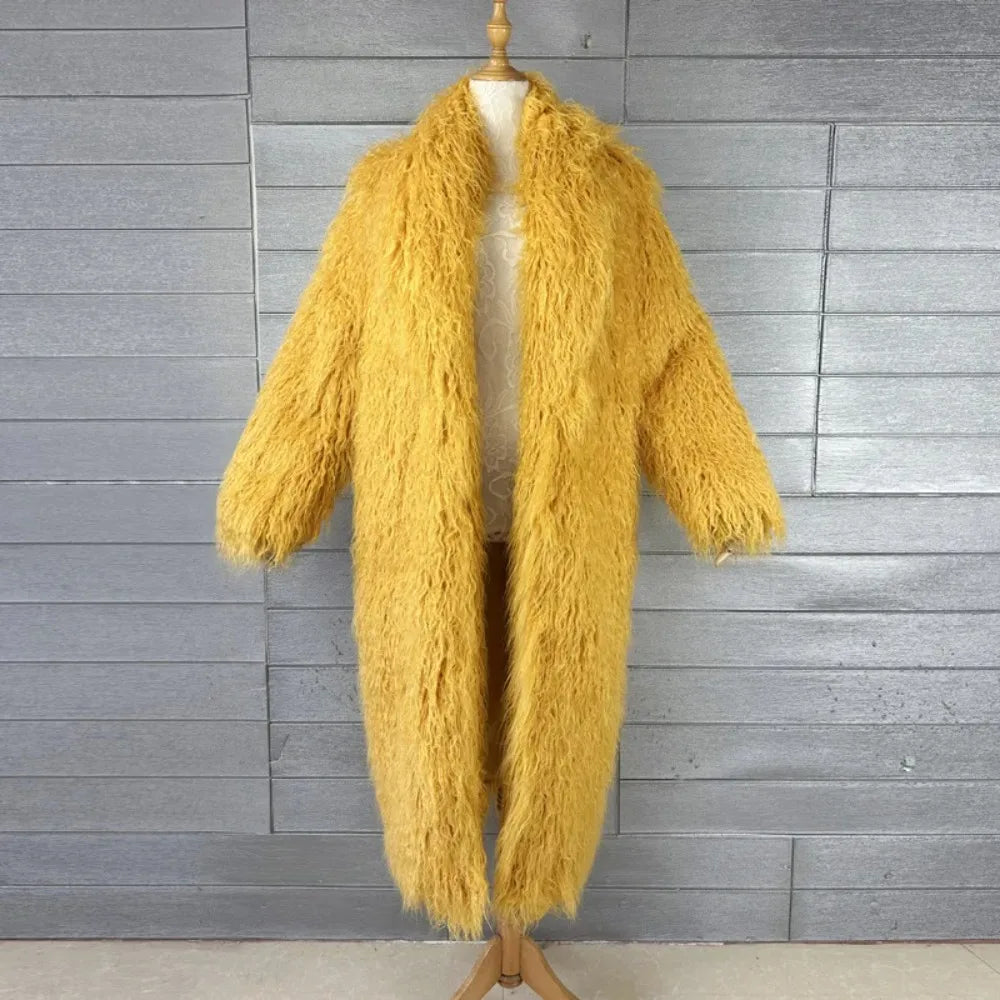 Faux Fur Jacket Women Long Coat Thick Fluffy Winter Warm Shaggy Overcoat Open Stitch Outerwear Turn Down Collar High Street