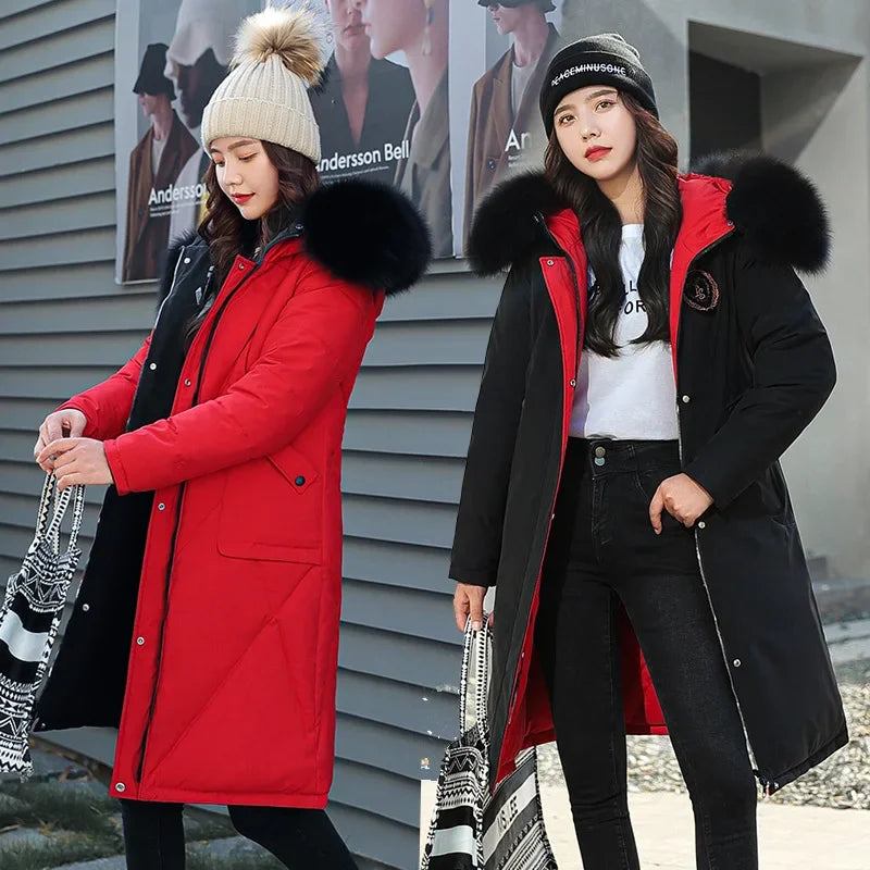Women's Double-Sided Color Block Parka Winter Jacket with Big Fur Collar Hooded Zipper Pockets Long Sleeve Casual Overcoat