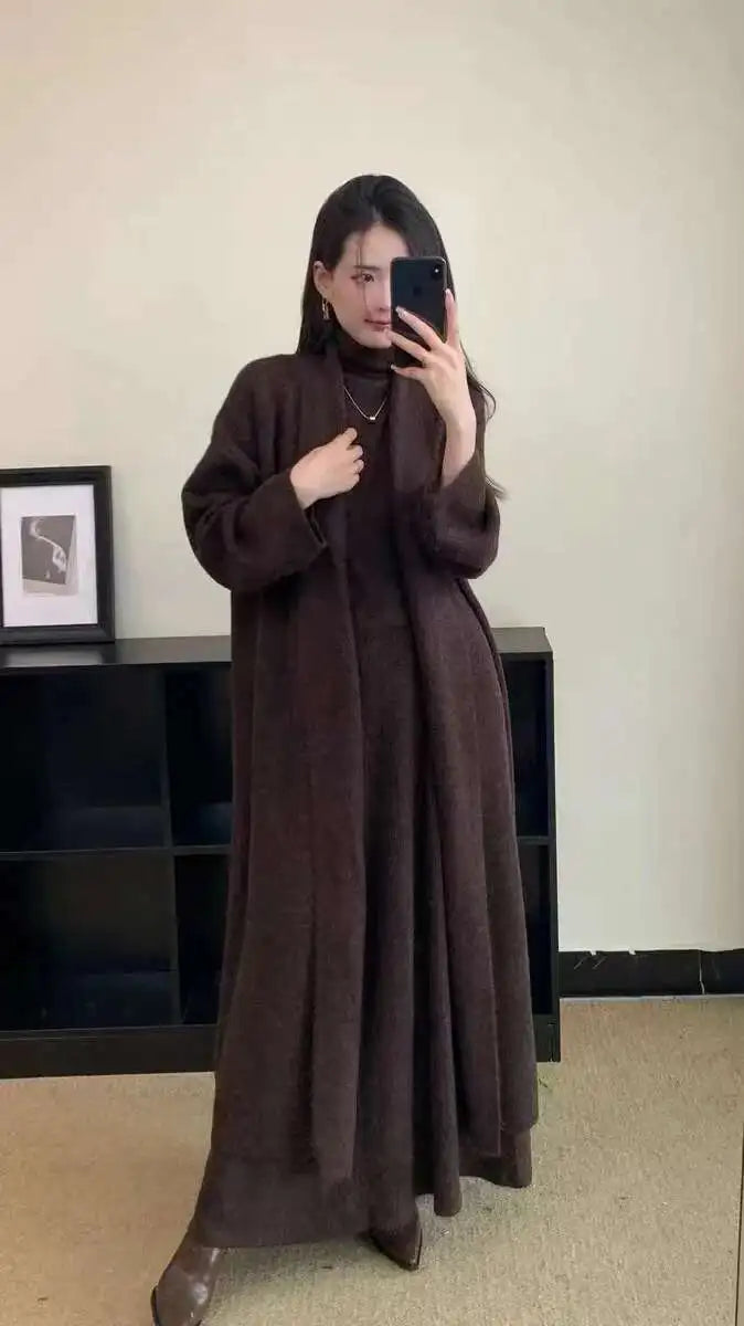 Elegant Knitted 3 Piece Set Women Long Cardigan Coat Sleeveless Vest High Waist A-line Long Skirt