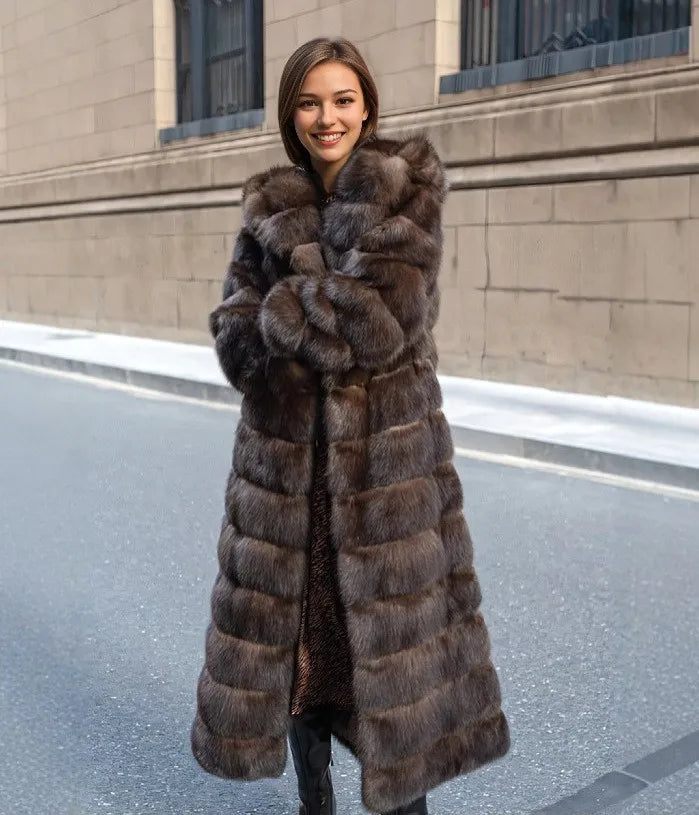 Vintage Brown Women's Winter Faux Fur Jacket Hooded Warm Thickened Fur Trim Outwear Chic Lady Eco-Friendly Coat
