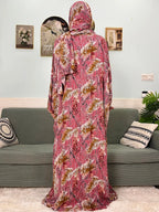Women's Traditional Floral Ramadan Muslim Cotton Abayas Garment with attached Headscarf
