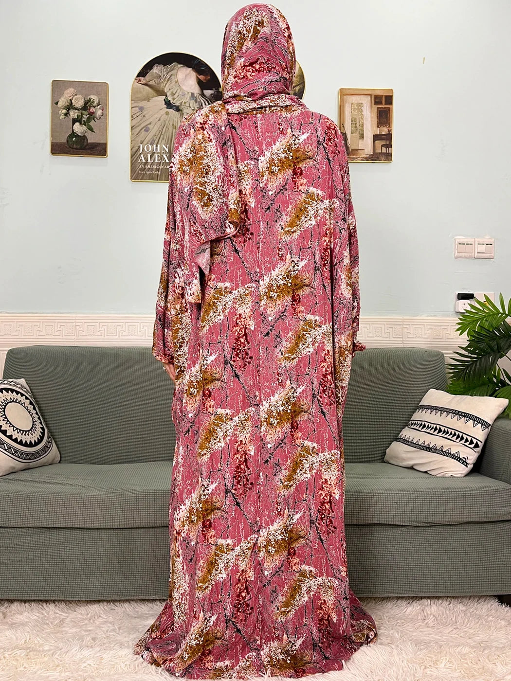 Women's Traditional Floral Ramadan Muslim Cotton Abayas Garment with attached Headscarf