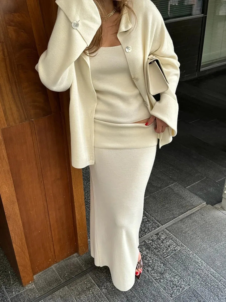 Women's Fashion Three Piece Set Solid Knitted Vest Long Sleeve Single Breasted Coat Chic Maxi Skirt Outfit Winter Casual Dress