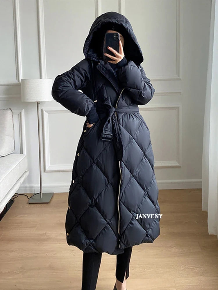 Women's Thickened Warm Hooded Puffer Jacket Winter Duck down Coat Fluffy Long Belted Zipper Closure Casual Style