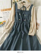 Vintage Patchwork Women's Dress High Waist A-Line Mid-Calf Spring Long-Sleeved