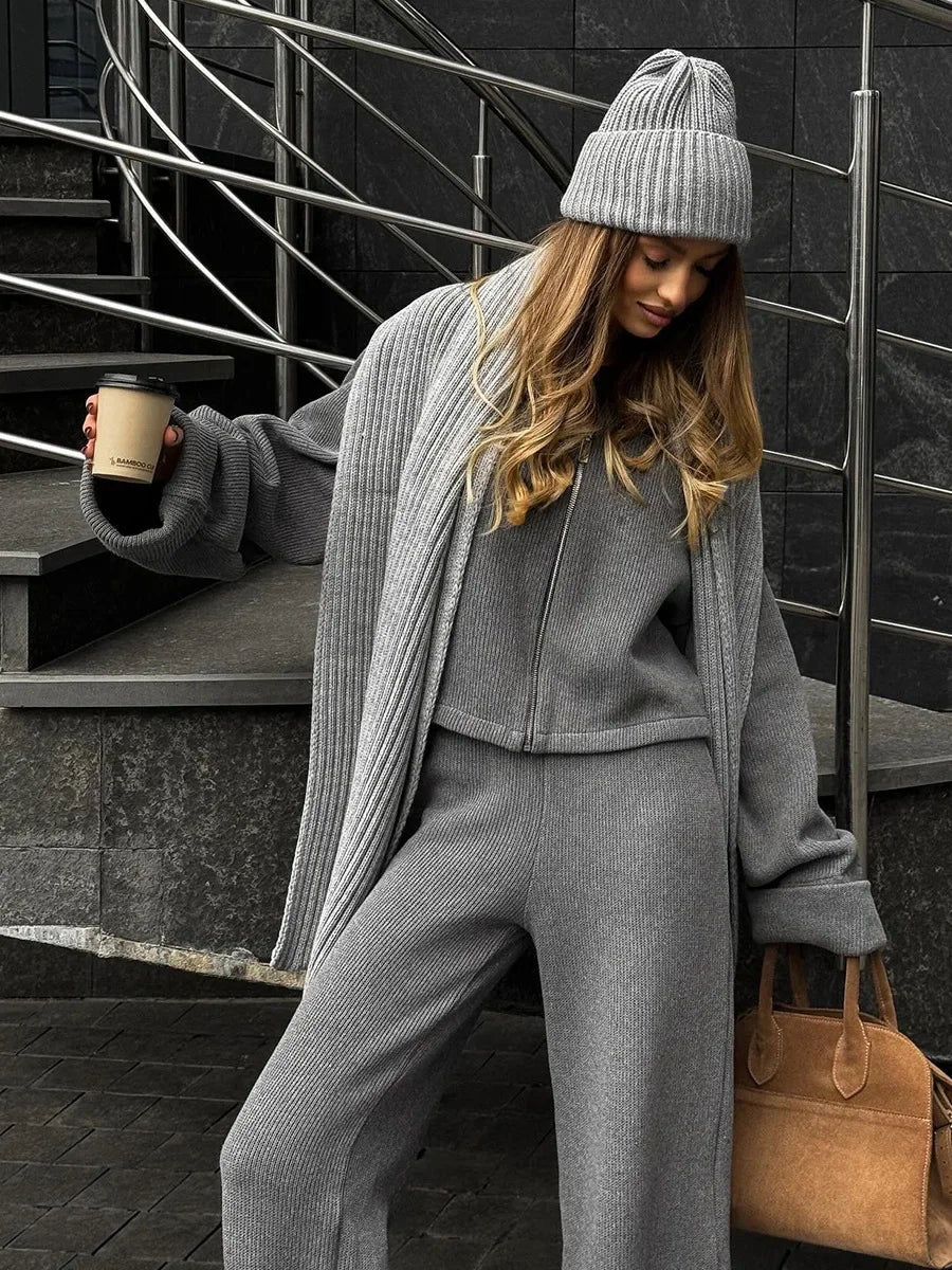 Women's Zip up Jacket And Wide Leg Pants Set Soft Knit Loose Long Sleeve Autumn Winter Casual Sweater Outfit