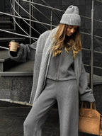 Women's Zip up Jacket And Wide Leg Pants Set Soft Knit Loose Long Sleeve Autumn Winter Casual Sweater Outfit