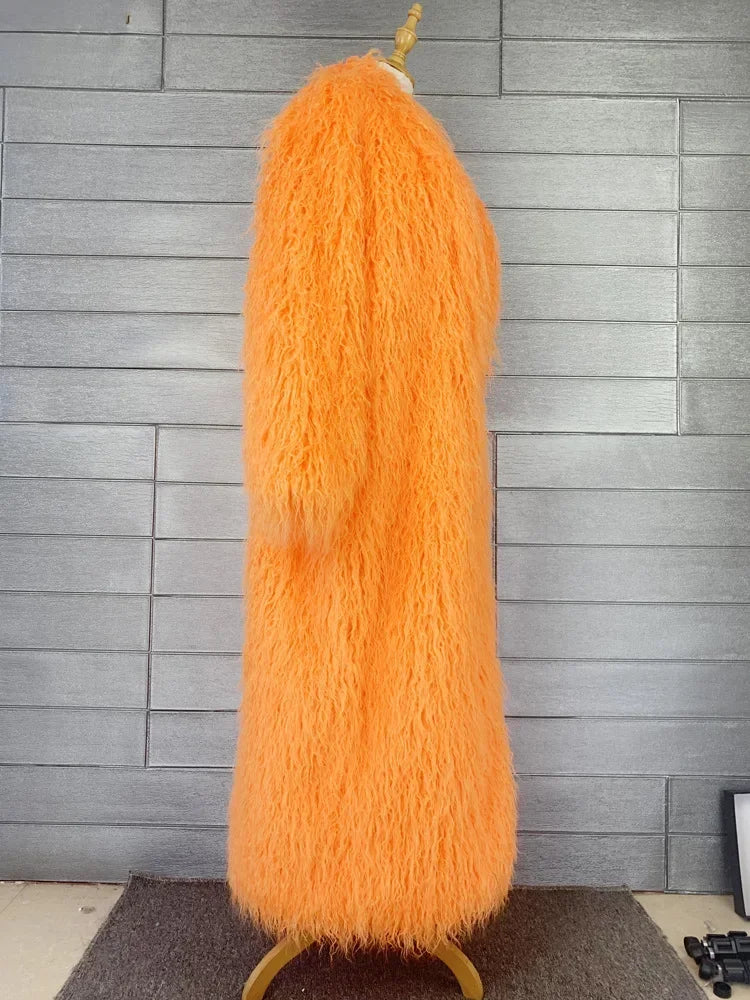 Faux Fur Jacket Women Long Coat Thick Fluffy Winter Warm Shaggy Overcoat Open Stitch Outerwear Turn Down Collar High Street