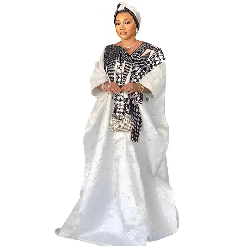 African Dress For Women's Plus Size Dress Bazin Riche Embroidery Floor Long Dress With Scarf