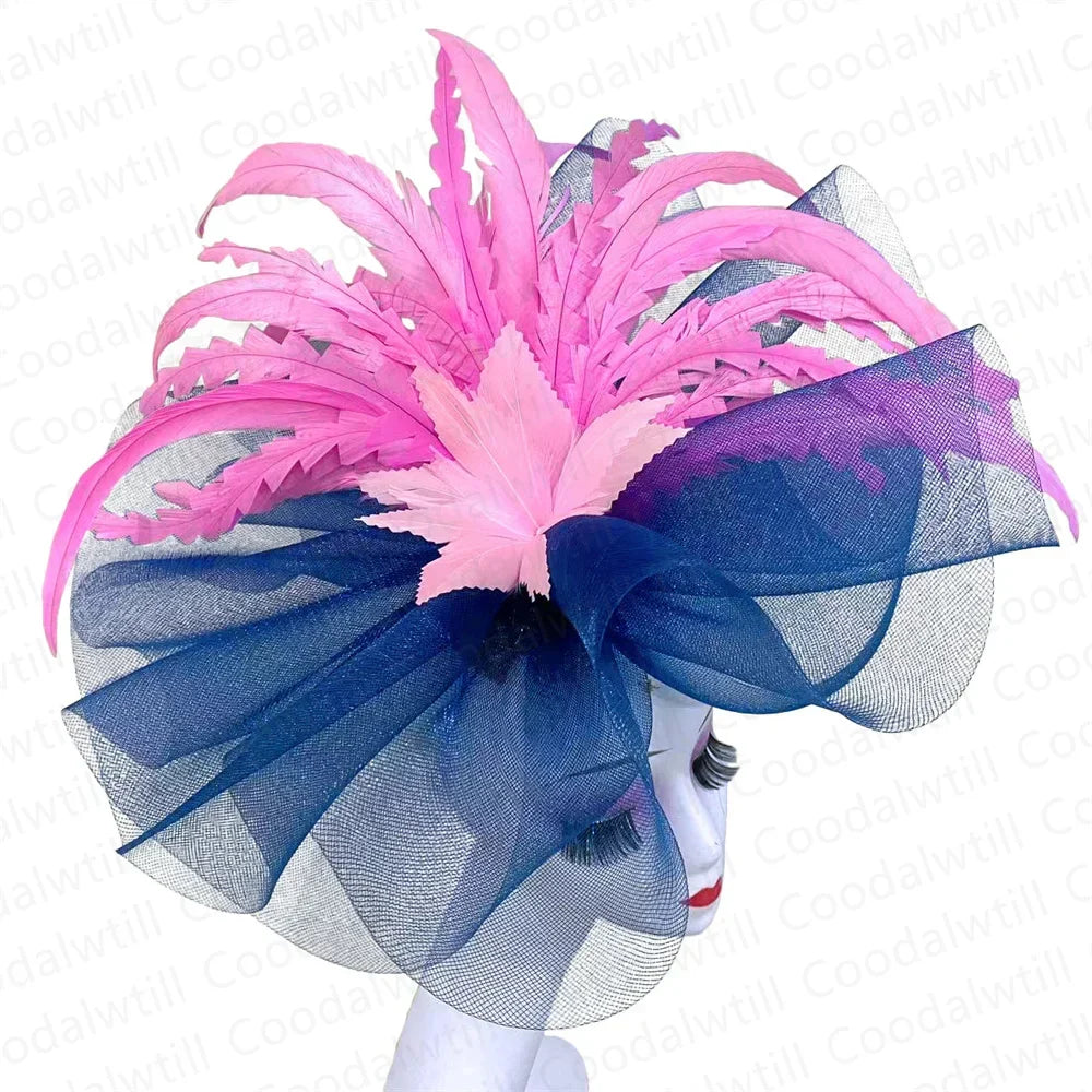 Kentucky Derby Big Fascinator Hat Women Wedding Elegant Feather Pillbox Cap