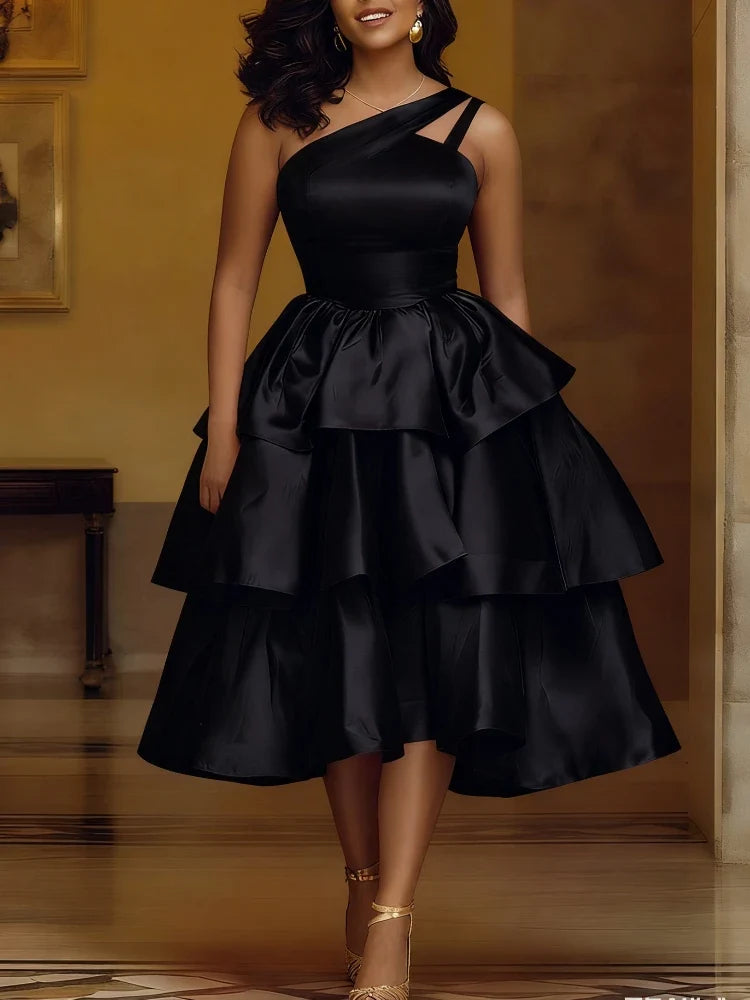 Women's Elegant One-Shoulder Ruffle Layered Party Dress Shiny Mid-Calf Gown for Christmas Birthday Wedding Guest Events