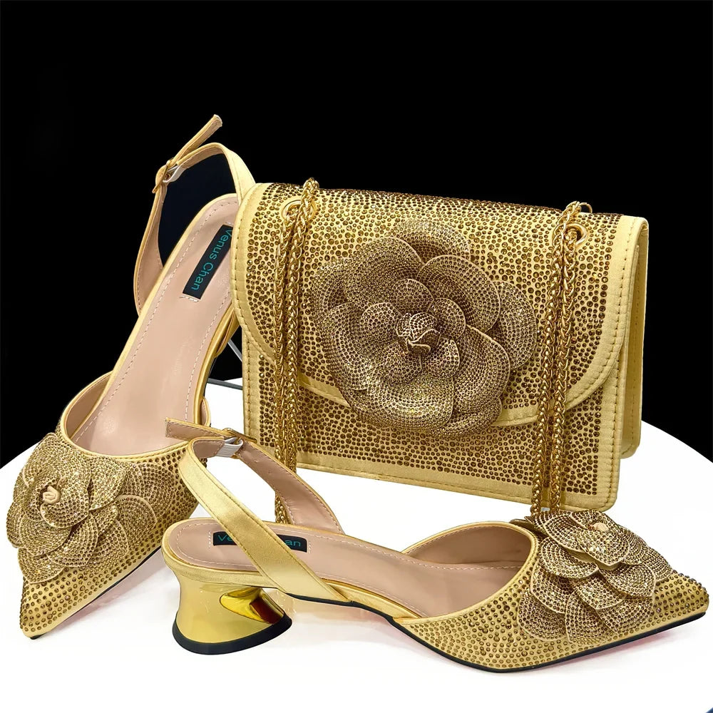 Women's Pointed-Toe Large Flower Decoration Rhinestone Low Heel Italian Shoes