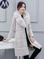 Women's Elegant Imitation Faux Fur Collar Warm Coat Fashion Plush V-Neck Button Detail