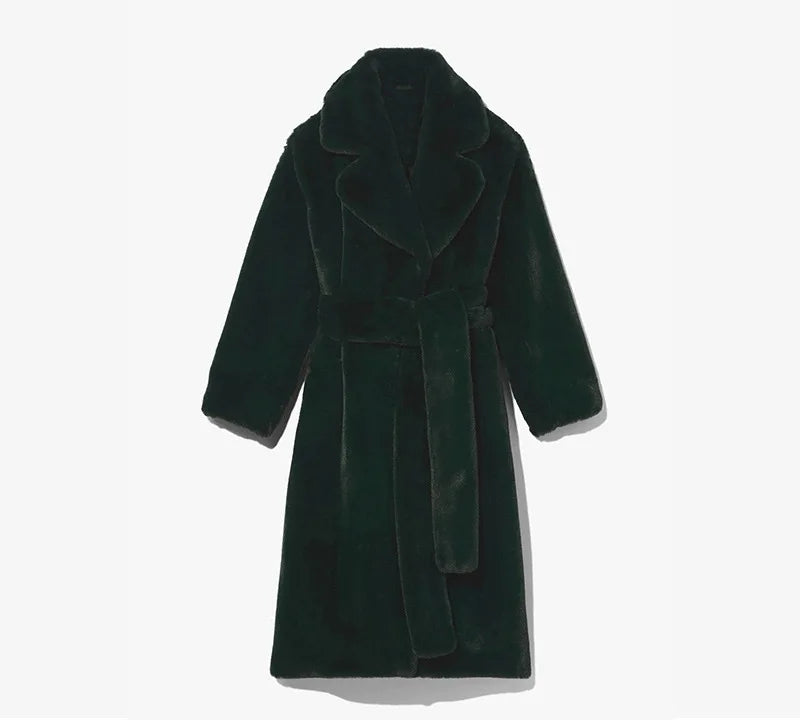 Luxury Lace Up Faux Fur Coat Women Chic Lapel Full Sleeve Fluffy Loose Warm Long Jacket Lady Winter Daily Highstreet Outerwears