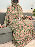 Women's Traditional Floral Ramadan Muslim Cotton Abayas Garment with attached Headscarf