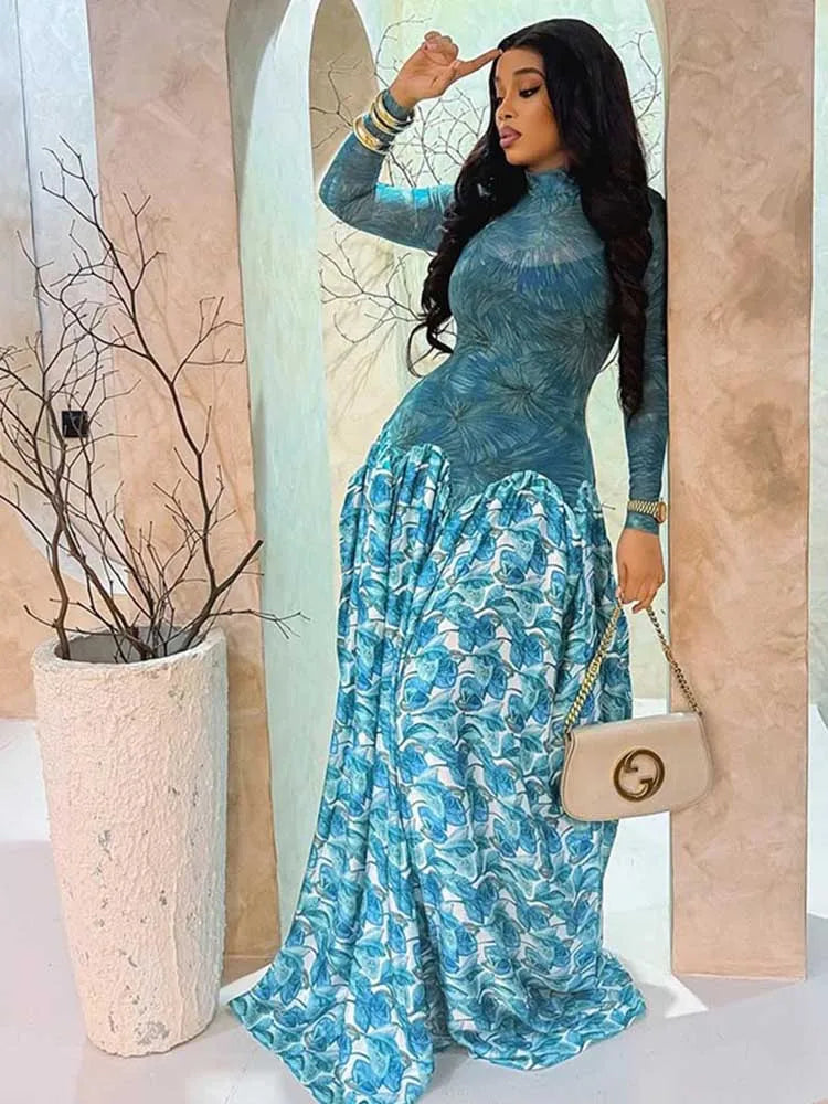 Women Autumn Light Blue Long Sleeve Dress Slim Waist Mid-turtleneck Chic Elegant Evening Wear