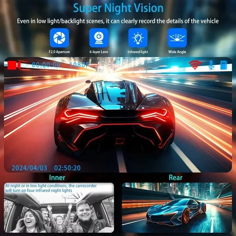 3 Lens Dash Cam 1080P Front, Rear & Interior Car Camera with WiFi & Night Vision