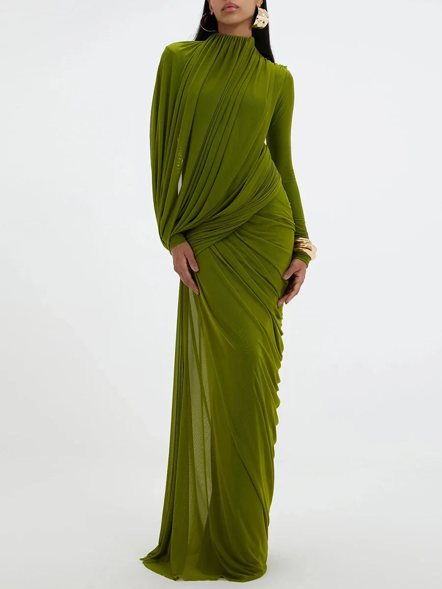 Women's Elegant Vintage Spliced Ribbon Turtleneck Long Sleeve Evening Maxi Dress