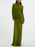Women's Elegant Vintage Spliced Ribbon Turtleneck Long Sleeve Evening Maxi Dress