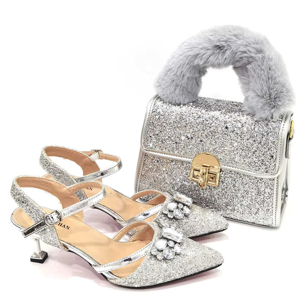 Women's Italian Fashion Peep Toe Pump Shoes with Matching Bag Set for Wedding