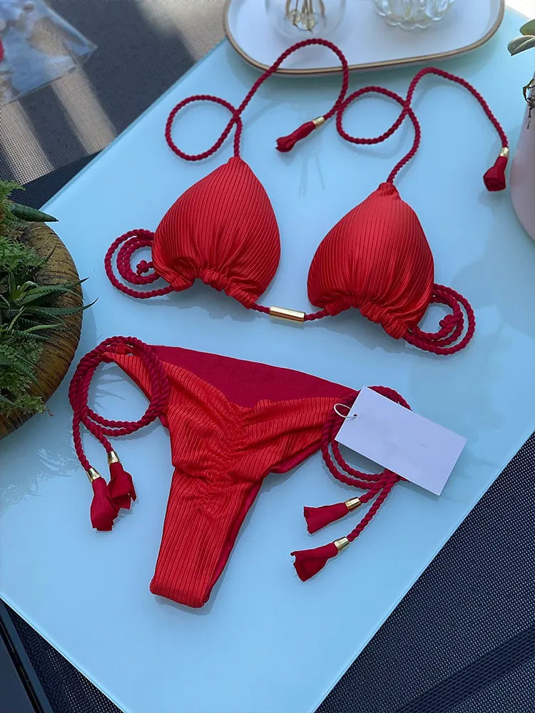Adjustable Bandage Bikini Set 2023 Swimwear Swimsuit Woman Sexy Bathing Suits Solid Bikinis Triangle Female Summer Beachwear