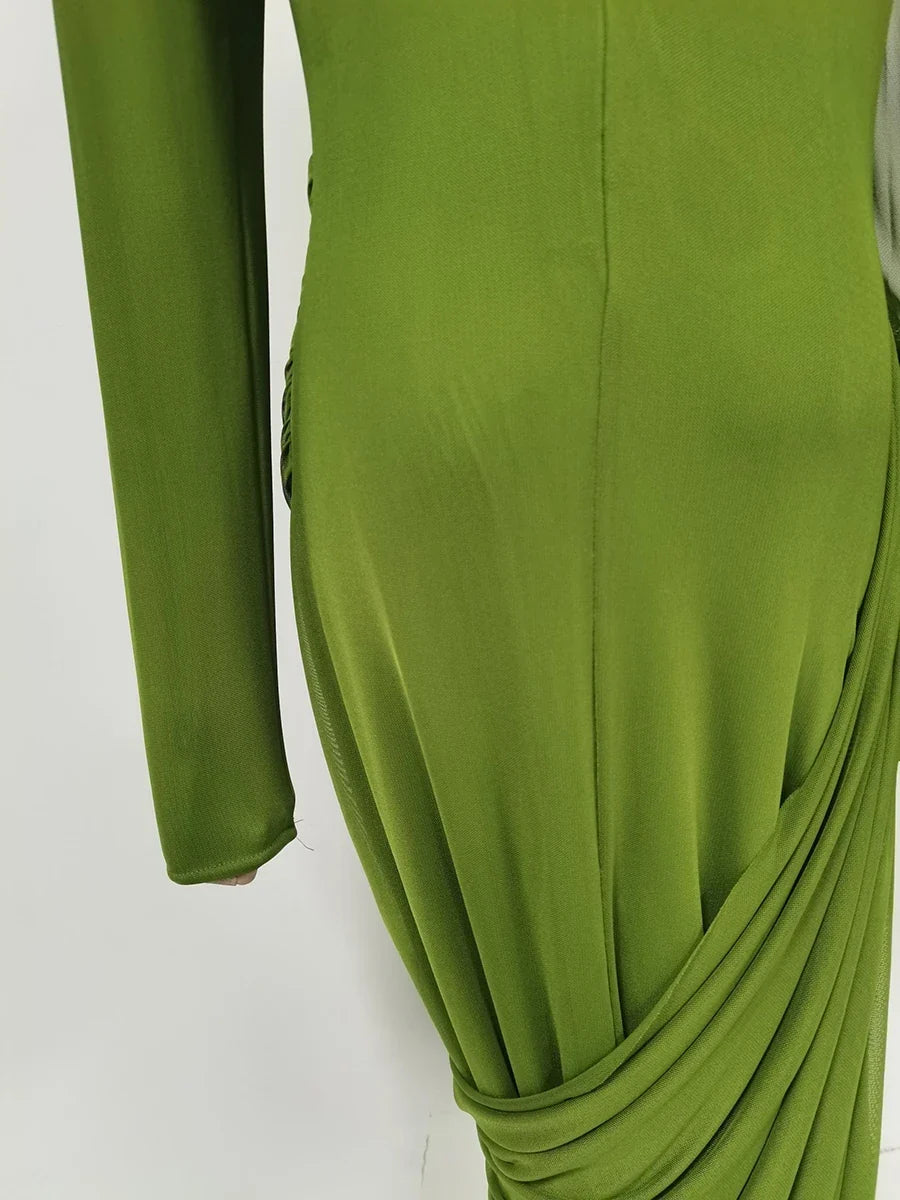 Women's Elegant Vintage Spliced Ribbon Turtleneck Long Sleeve Evening Maxi Dress