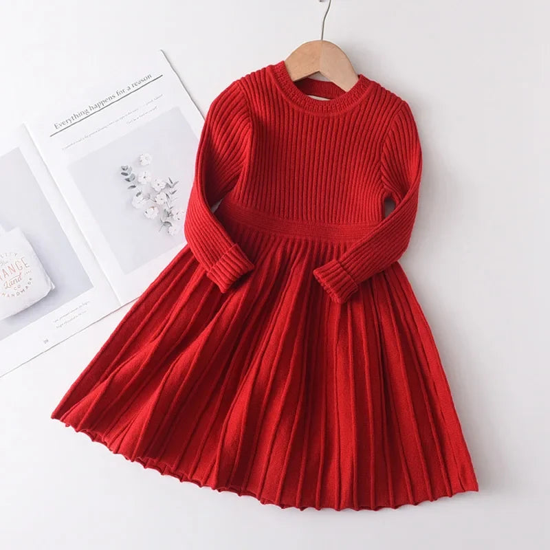 Girls Red Long Sleeve Sweater Tutu Party Dress Christmas New Year's Outfit Knee-Length Casual Cotton Polyester Turtleneck