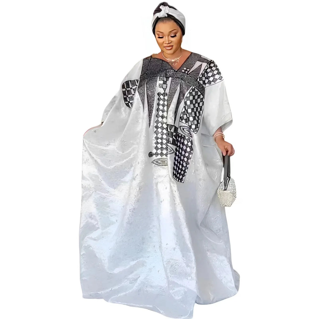 African Dress For Women's Plus Size Dress Bazin Riche Embroidery Floor Long Dress With Scarf