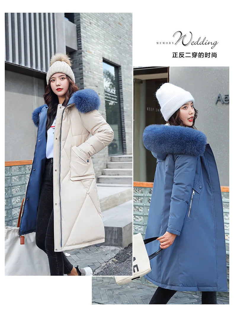 Women's Double-Sided Color Block Parka Winter Jacket with Big Fur Collar Hooded Zipper Pockets Long Sleeve Casual Overcoat