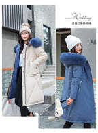 Women's Double-Sided Color Block Parka Winter Jacket with Big Fur Collar Hooded Zipper Pockets Long Sleeve Casual Overcoat