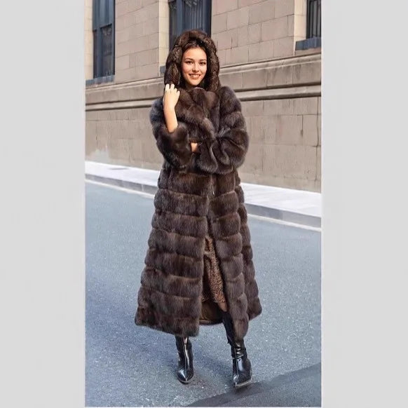 Vintage Brown Women's Winter Faux Fur Jacket Hooded Warm Thickened Fur Trim Outwear Chic Lady Eco-Friendly Coat