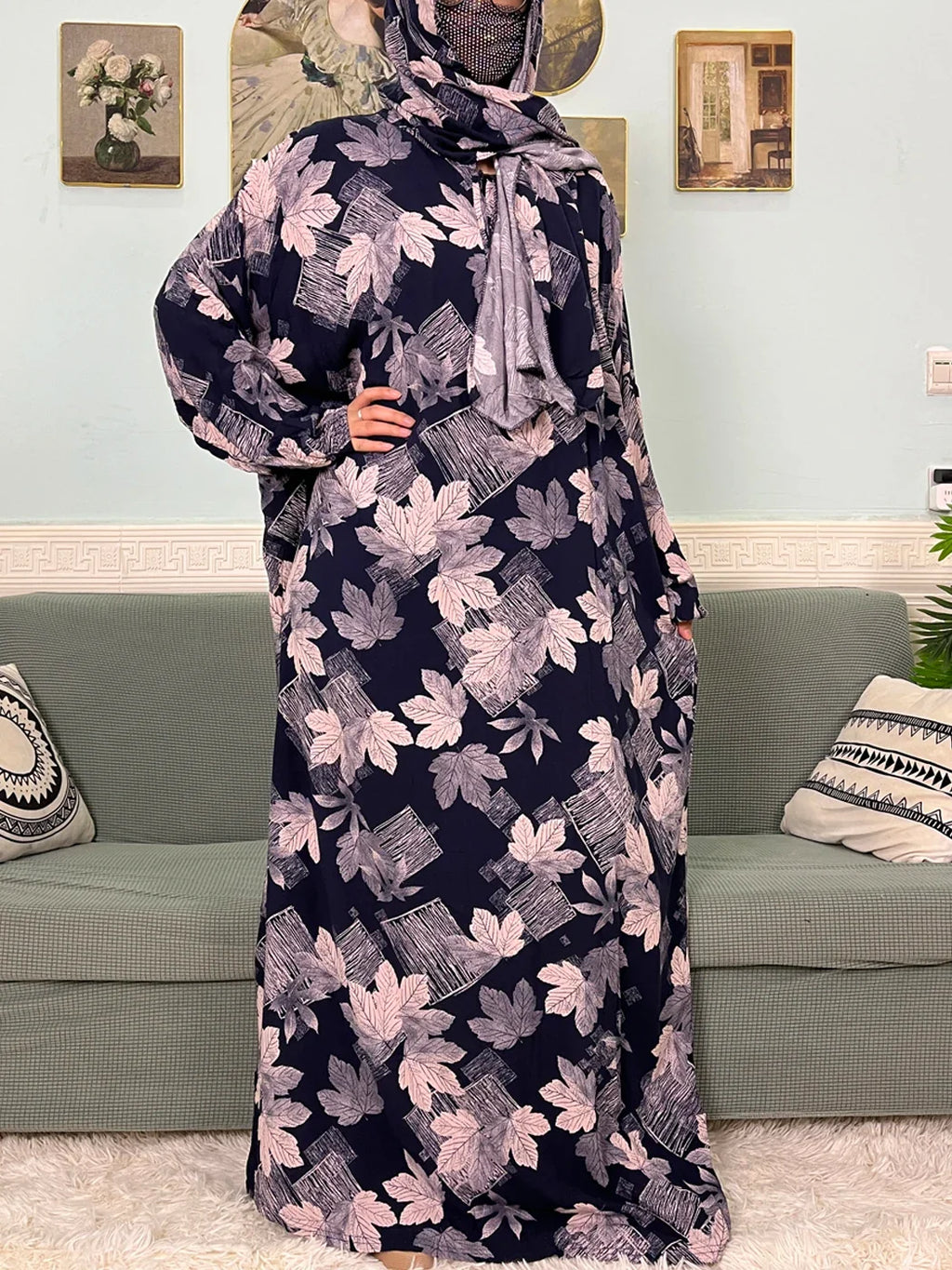 Women's Traditional Floral Ramadan Muslim Cotton Abayas Garment with attached Headscarf