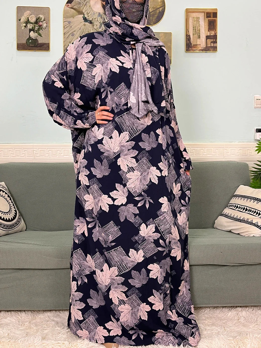 Women's Traditional Floral Ramadan Muslim Cotton Abayas Garment with attached Headscarf